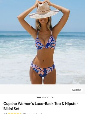 Cupshe Blue Floral Lace-Back Bikini Set with Pink-Orange Leaf Print